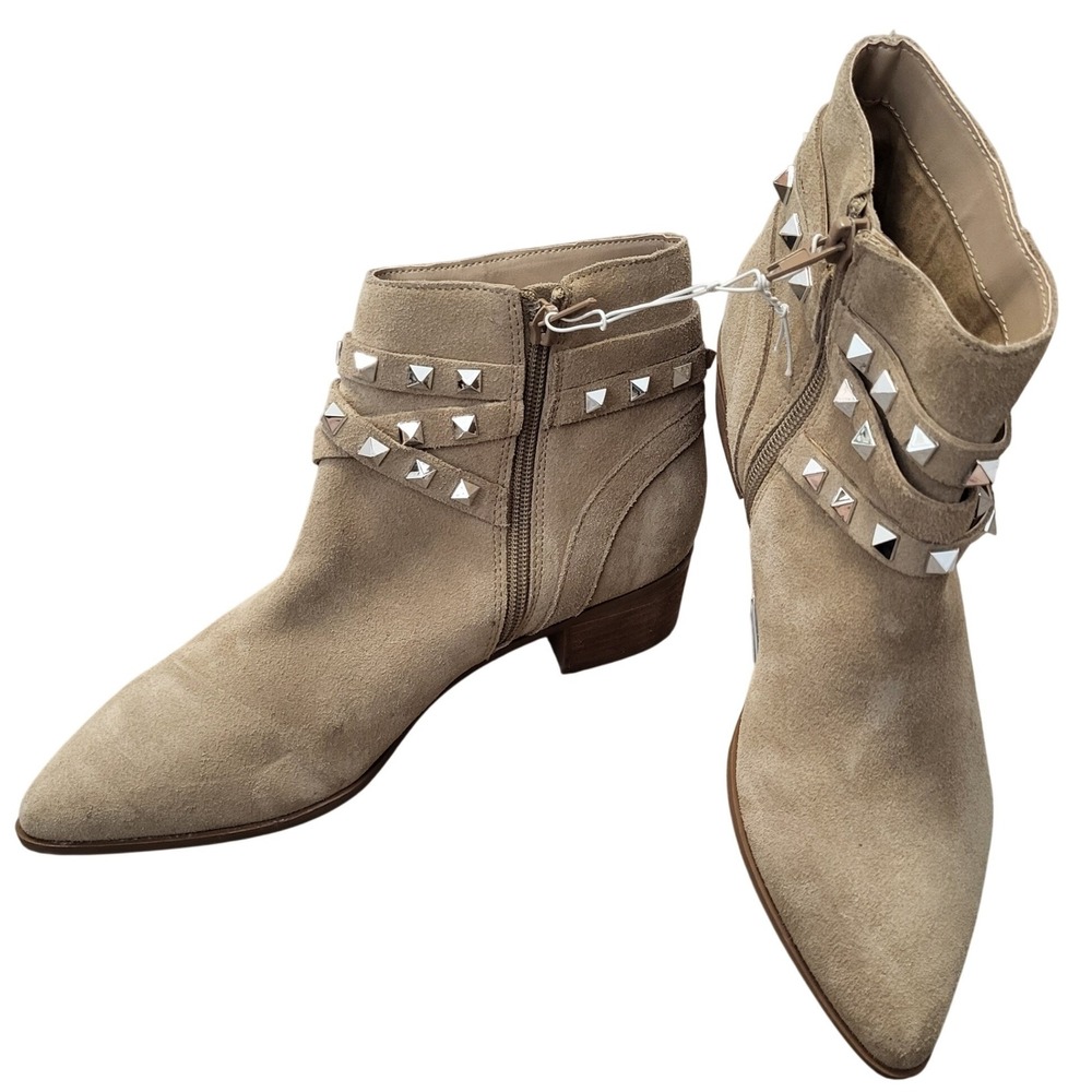 Steve Madden Tan Suede Studded Pointed Toe Ankle Boots Silver Studs Straps 7.5